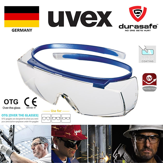 Kính Uvex 9169260 Super Over-the-Glass (OTG) Safety Glasses Blue Frame Clear Optidur NC/Hi-Res Len (Anti-Fog, anti-scratch), chống trầy xước, chống đọng sương, chỉ kèm khăn lau kính