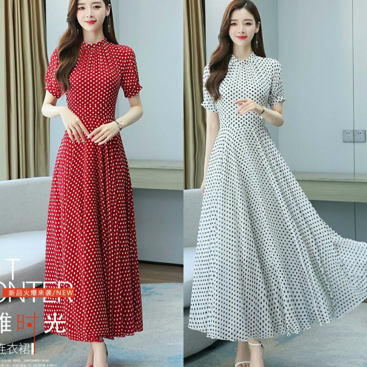 ĐẦM MAXI BI CỔ TRỤ XẾP LI - YB211101
