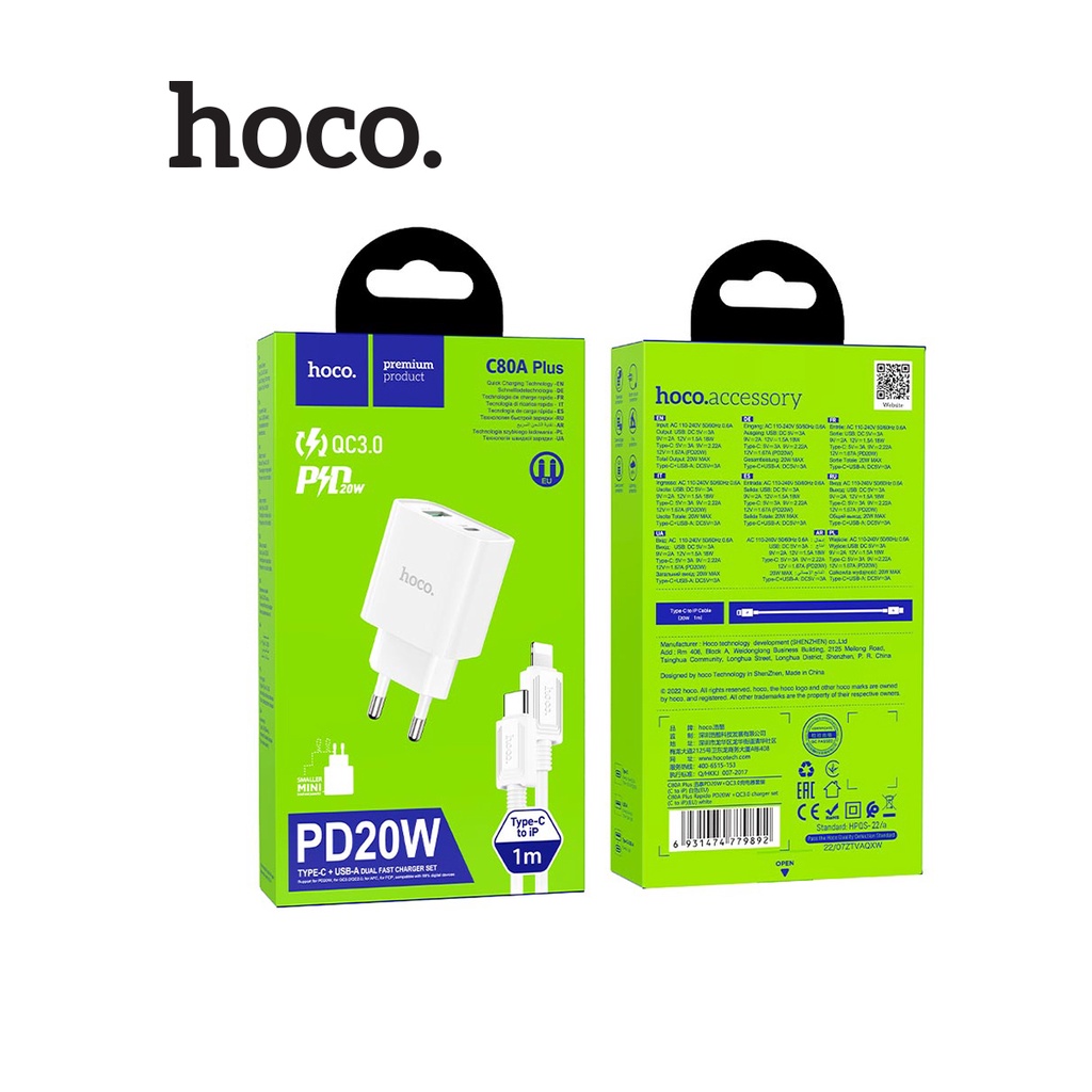 Bộ sạc Hoco C80A Plus sạc nhanh PD20W 2 cổng ( USB + Type-C ) QC3.0 ( kèm cáp Type-C to Lightning dài 1M )