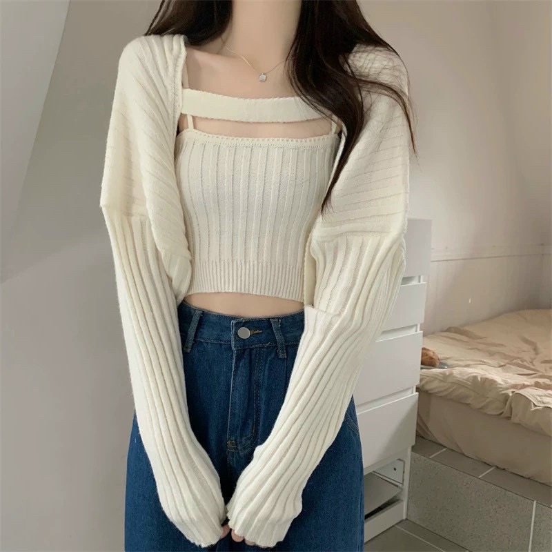 [ MỚI VỀ]-Set áo len gân gồm áo choàng lửng và áo 2 dây QC