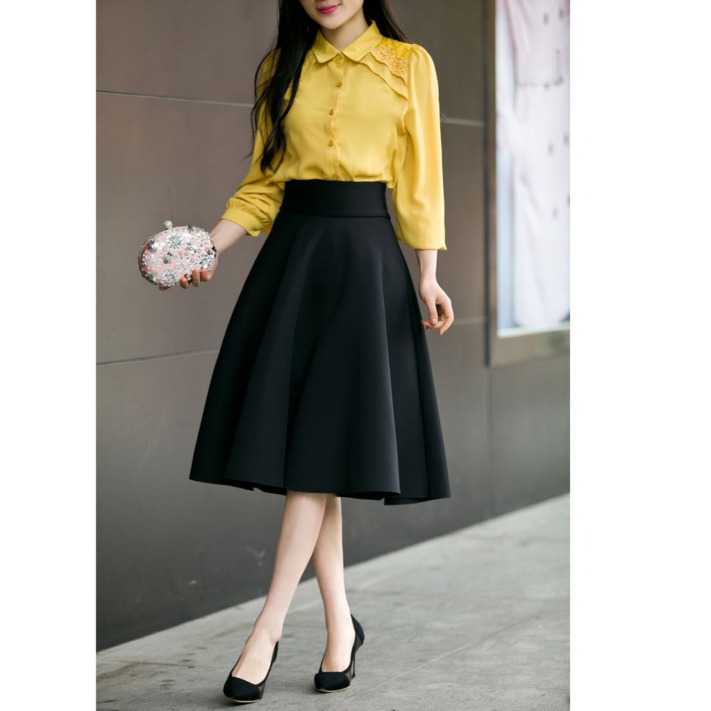 Chân váy công sở dáng xoè ĐẦU GỐI  màu đen