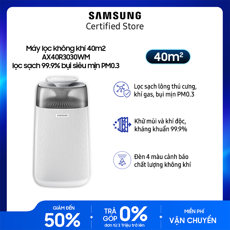 Máy lọc không khí Samsung 40m2 AX40R3030WM | Màng lọc 3 lớp khử mùi | Màng lọc 1năm | Chỉ báo theo màu | | Dễ dàng | bảo trì , thay thế | An toàn khi sử dụng