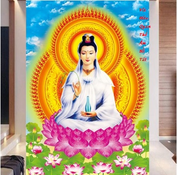 Tranh thêu chữ thập Quan Âm hào quang 223177 - kích thước 43 * 59
