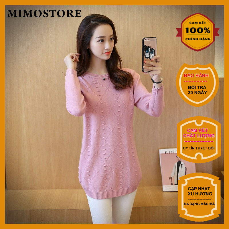 Áo len nữ dệt kim E-va form dài hàng chính hãng MImostore A200,form chuẩn dáng đẹp ,chất len mịn mềm tay thêu hoa,cổ tròn kiểu dáng trẻ trung cá tính