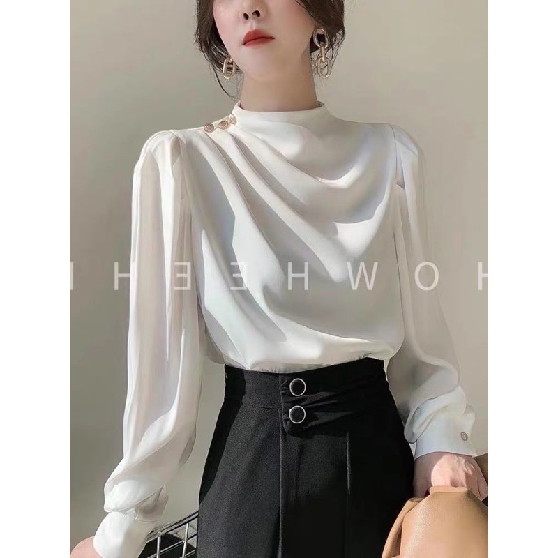 Áo Lụa Satin Đính Cúc Vai M104