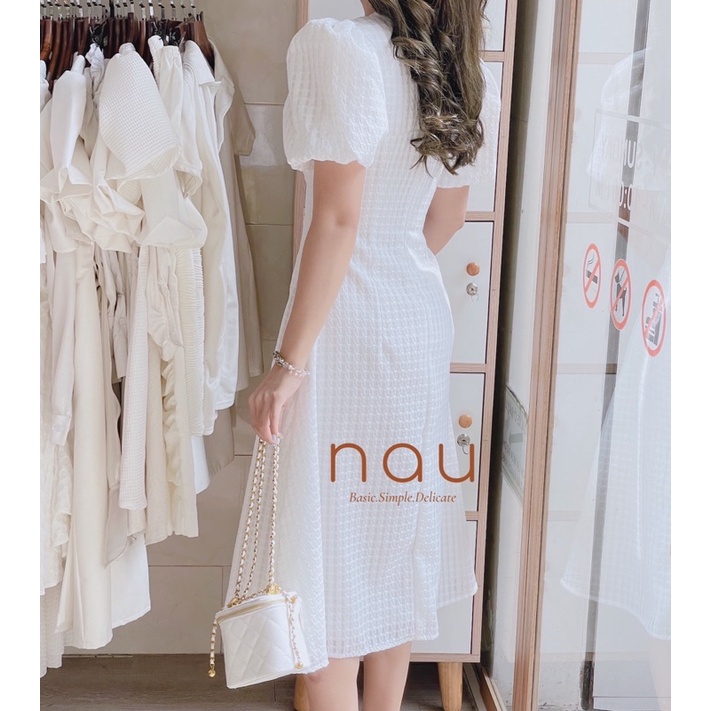 Đầm tay phồng phối nút bọc xẻ tà 5 màu