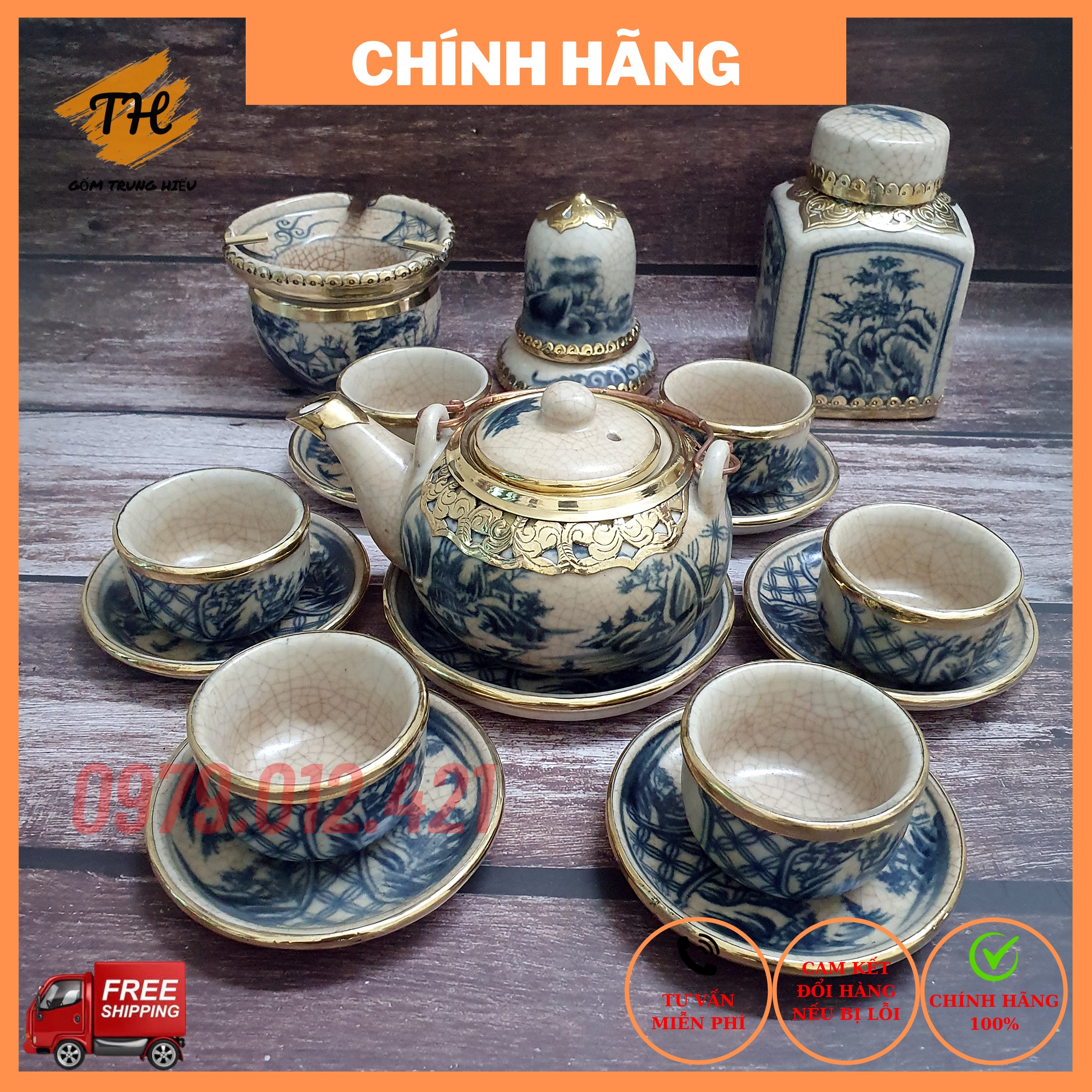 Bộ ấm chén Bát Tràng bọc đồng men rạn giả cổ bộ ấm trà cổ bọc đồng men rạn cao cấp dung tích ấm 350ml