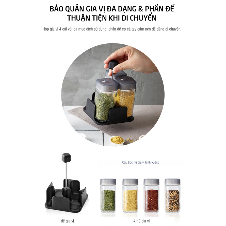 Set 4 hũ thủy tinh đựng gia vị Lock&Lock LLG696 (Kèm kệ đựng)
