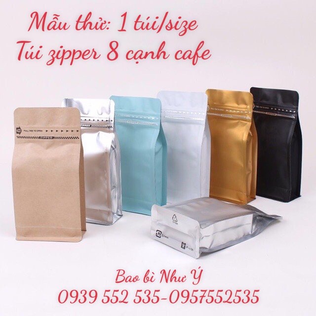 [Mẫu thử - 1 túi Cafe] Túi zipper 8 cạnh cafe (Nhiều màu - nhiều size)
