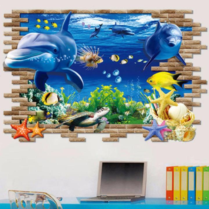Decal dán tường Cá Heo 3D Sticker Tranh Dán Tường - AY9706 ,Decal dán tường động vật