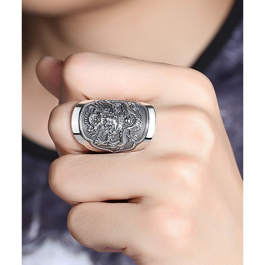 Nhẫn nam - Nhẫn nam đầu rồng 3D đúc nguyên khối  bạc ta cao cấp không xi mạ