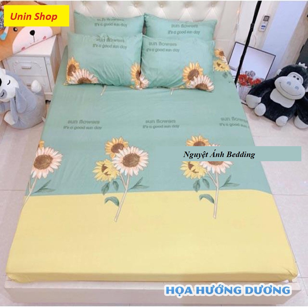 (Giá tại xưởng) Bộ 3 món Ga gối, ga bọc nệm mẫu Hoa Hướng Dương (Hoa Mặt Trời), drap giường giá rẻ kích thước m2/m6/m8/2m2 chất Poly cotton - Ga bo chun bảo vệ đệm, Chăn ga gối Moon Shop