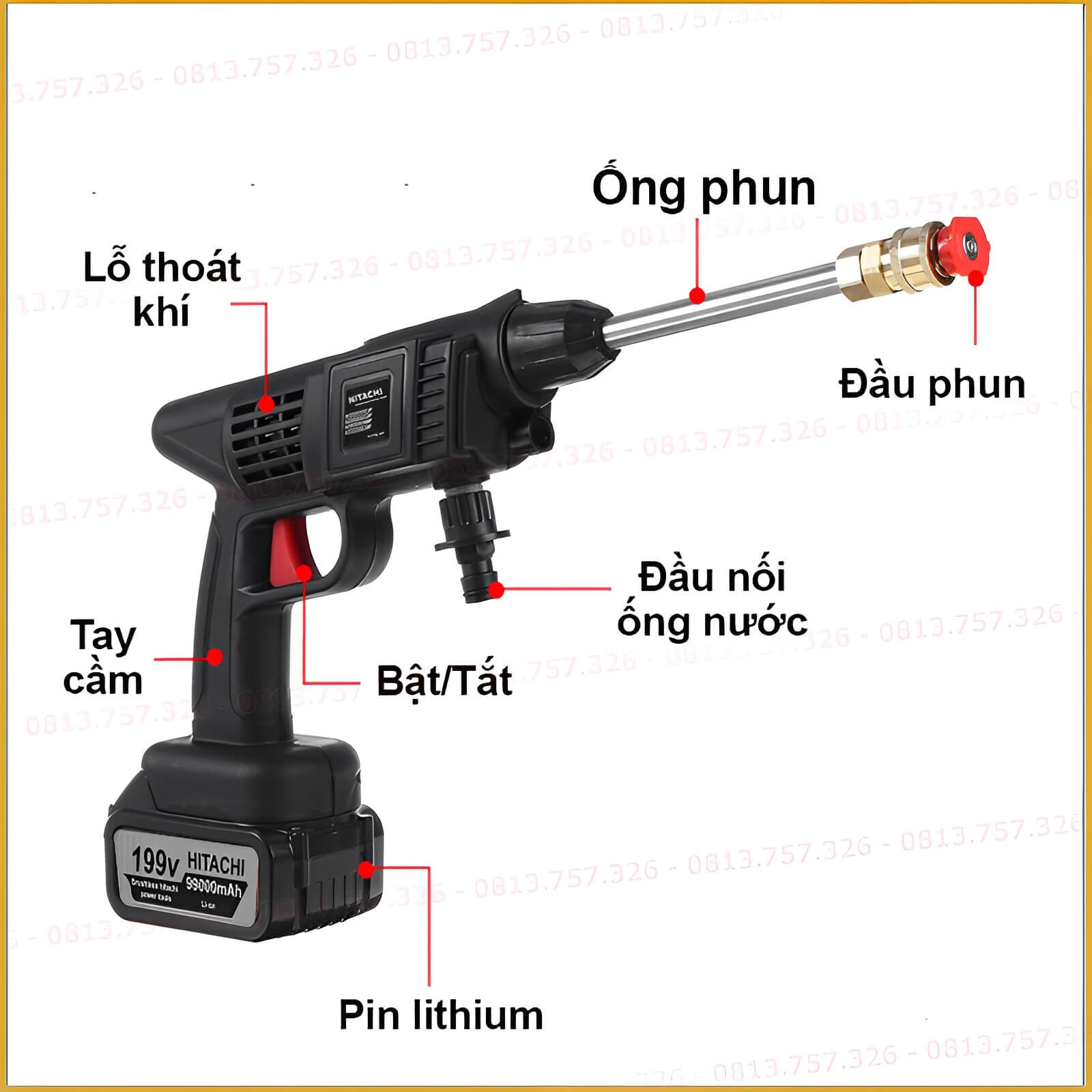 Máy rửa xe dùng pin Hitachi 199v áp lực cao - pin vòi phun có thể điều chỉnh, máy rửa xe áp lực cao tạo bọt tuyết, máy rửa xe gia đình 3 chế độ phun, máy giặt rửa áp lực tưới hoa, rửa điều hòa