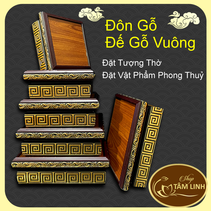 Đôn Gỗ Hình Vuông Có Hoa Văn Màu Vàng Nổi nhiều cỡ- TamLinhNgocBao