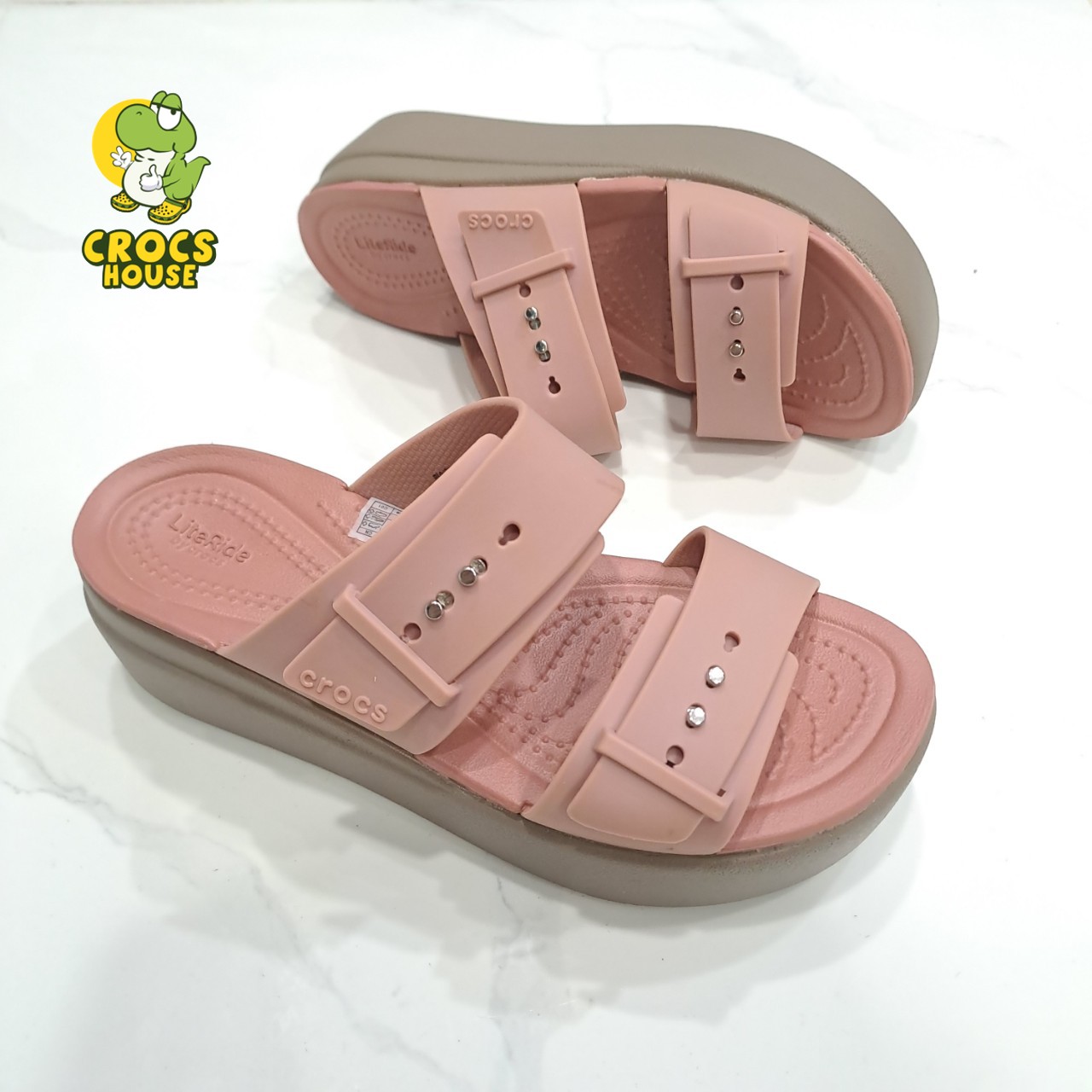 (Real photo) sandals Crocs Đế high 5 stool Brooklyn mid wedge version 2 multi-color, sandals horizontal straps buttoned Brooklyn-CR