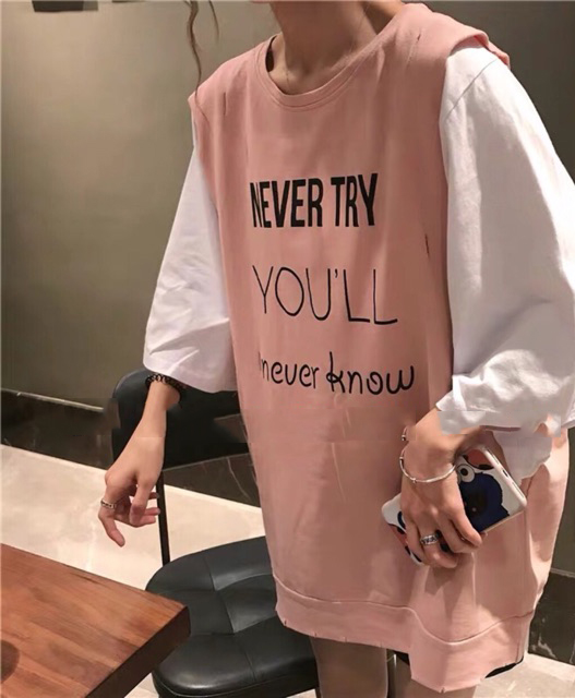 [HCM]Set áo gile Never Try kèm áo thun Ulzzang (Hồng và Trắng)