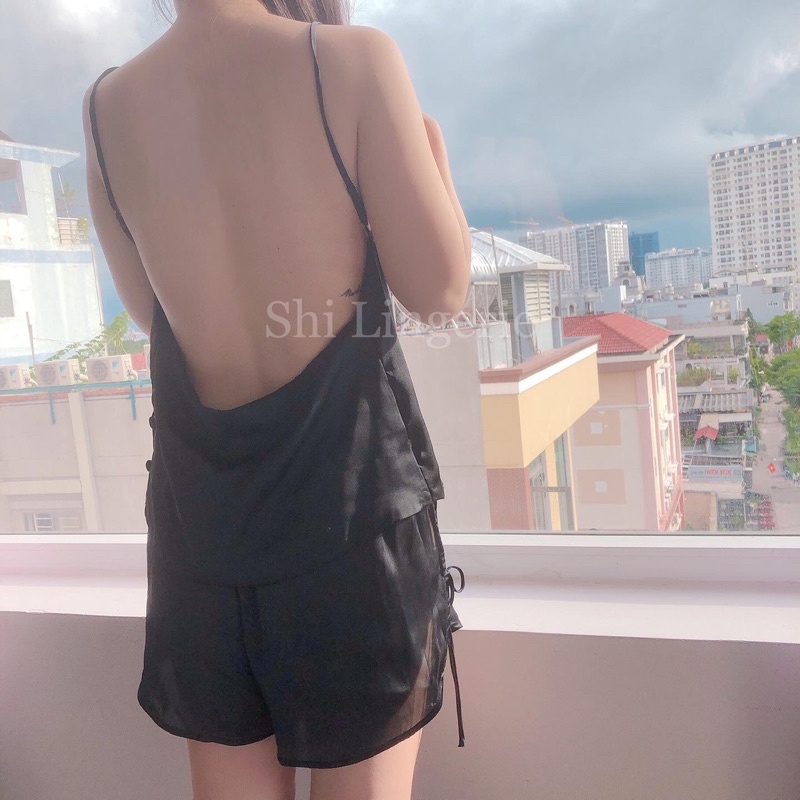 Bộ ngủ lụa hở lưng dây [Shi.Lingerie]