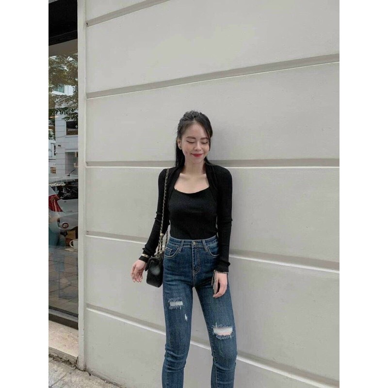 Áo len gân cổ vuông cực xinh xắn