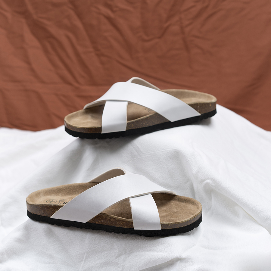 Dép đế trấu unisex quai chéo da pu trắng