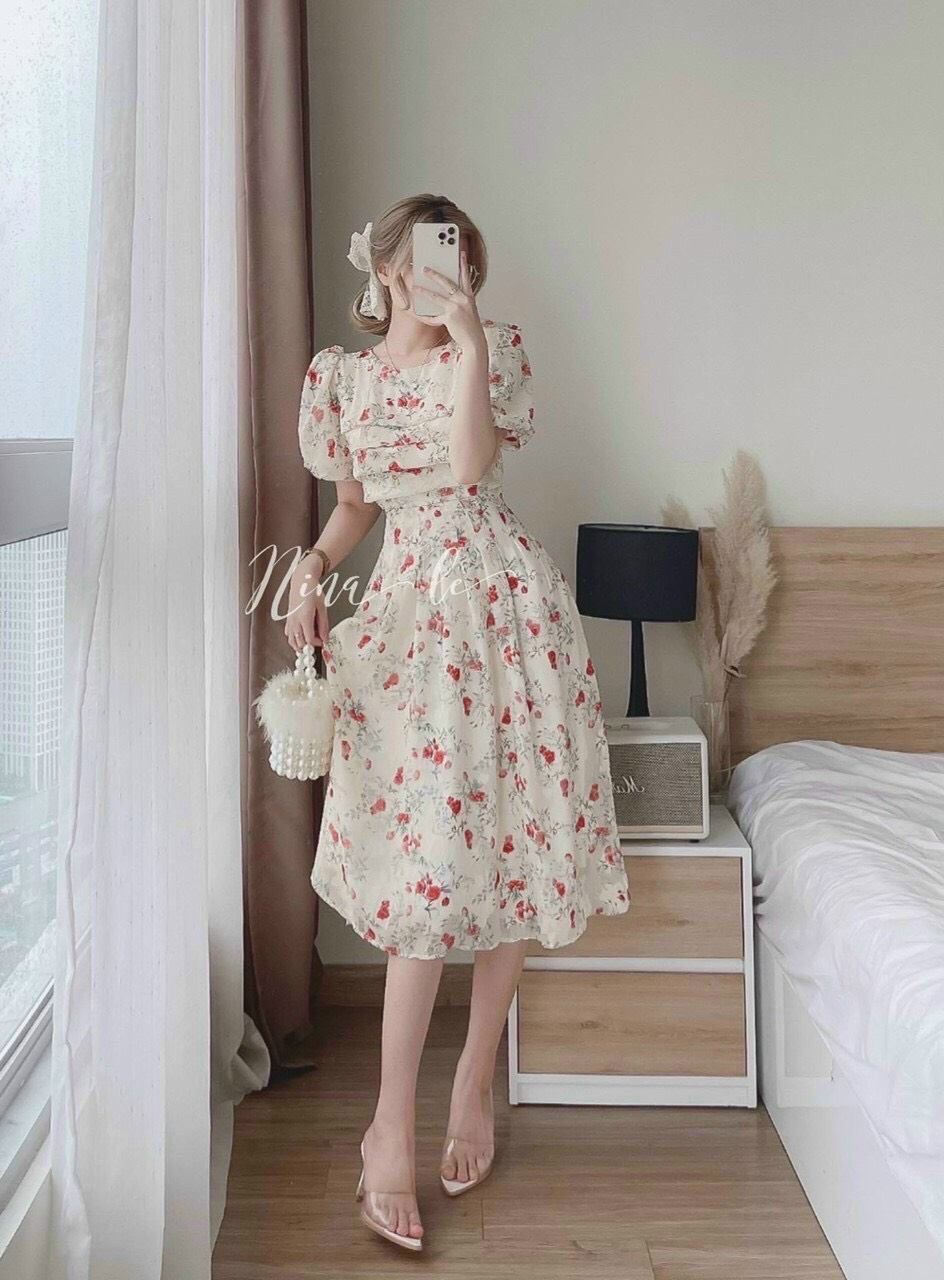 Đầm maxi công sở dự tiệc voan hoa chingfon 2 lớp cao cấp - thời trang-qc