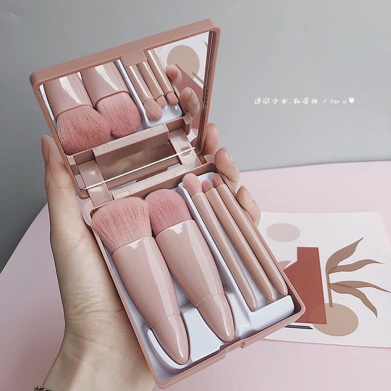 Set cọ make up 5 món kèm gương-cọ trang điểm bộ cá nhân gồm 5 cây kèm hộp nhựa có gương soi