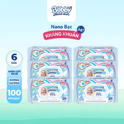 Bộ 6 gói khăn giấy ướt trẻ em Bobby Care Nano Bạc Kháng Khuẩn không mùi hương 100 miếng - Giới hạn 5 sản phẩm/khách hàng