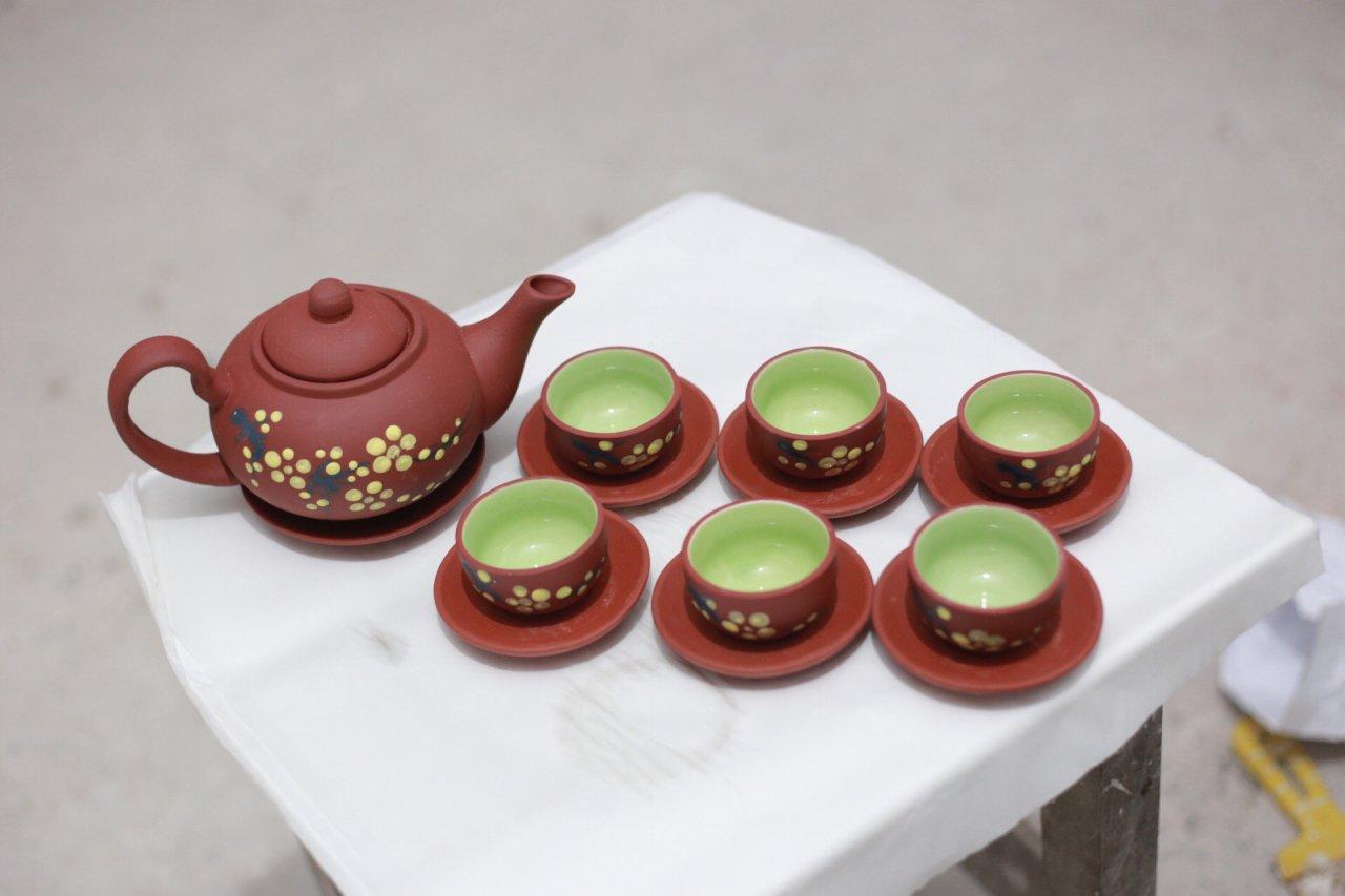Bộ Ấm Chén Bộ Bình Trà- Đất Đỏ Hoa Mai Vàng
