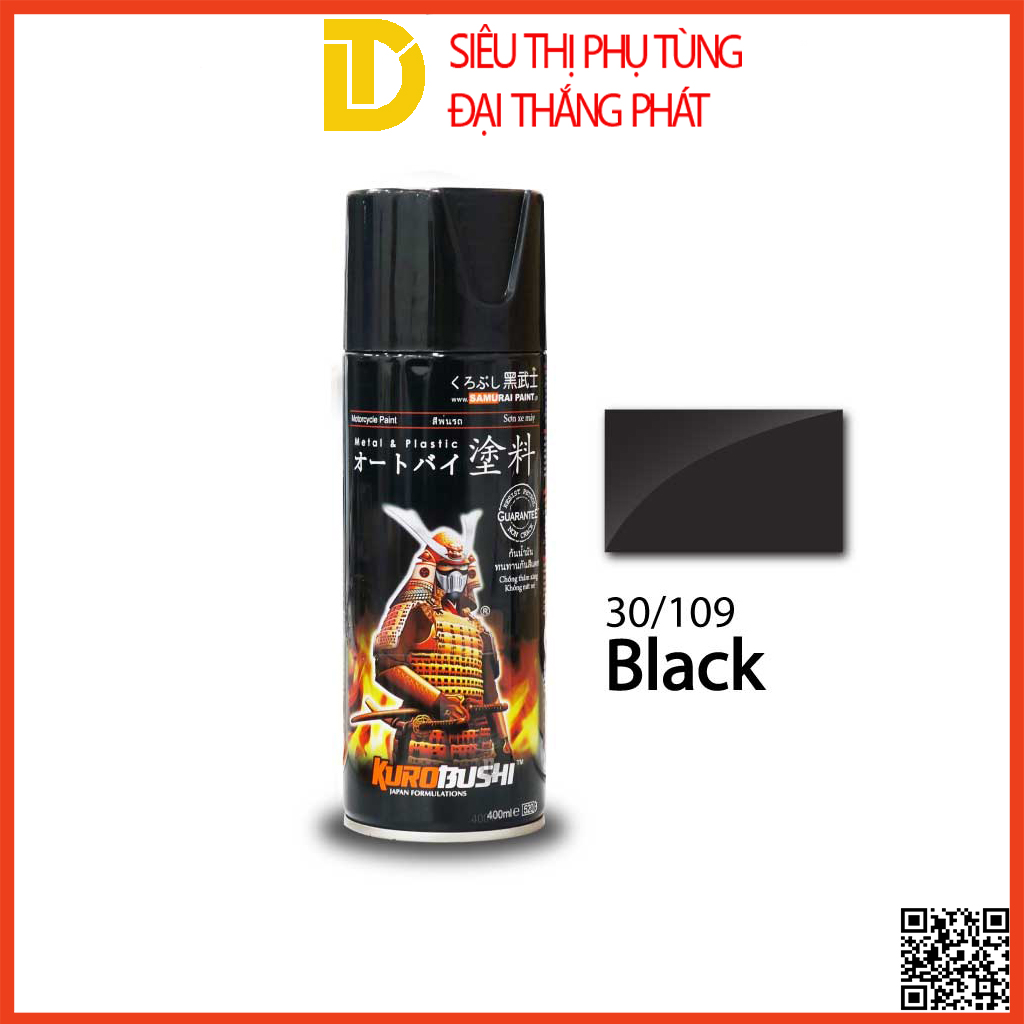 Sơn xịt Samurai chuyên dùng cho xe máy MÀU ĐEN BÓNG 30/109 Chống cháy, Chống rạn nứt, Vòi xịt chống chảy