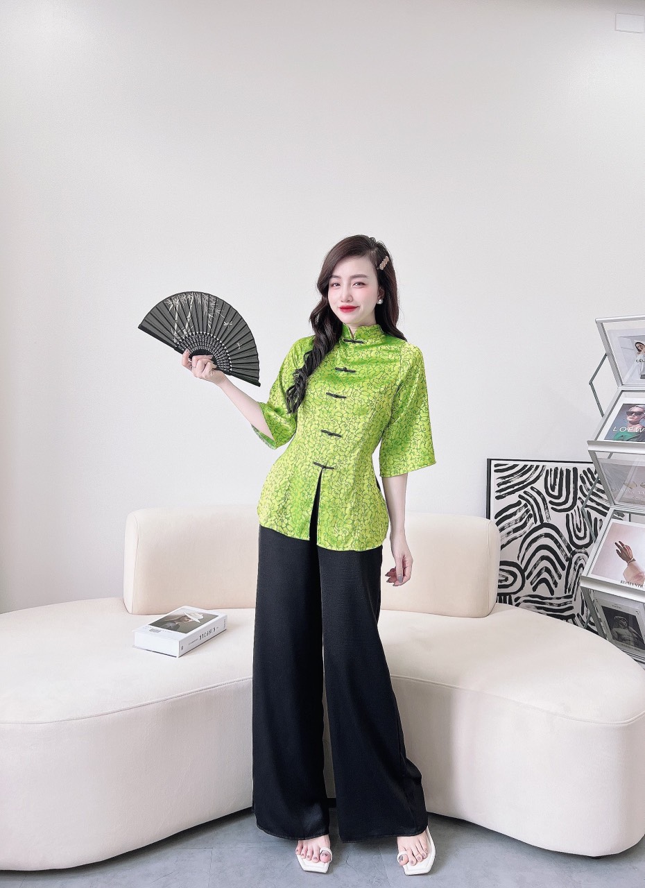 Áo bà ba đi lễ chùa thiết kế xẻ tà cúc tàu cao cấp đồ lam nữ cách tân lụa gấm vân trơn kèm quần bà ba may sẵn đủ màu