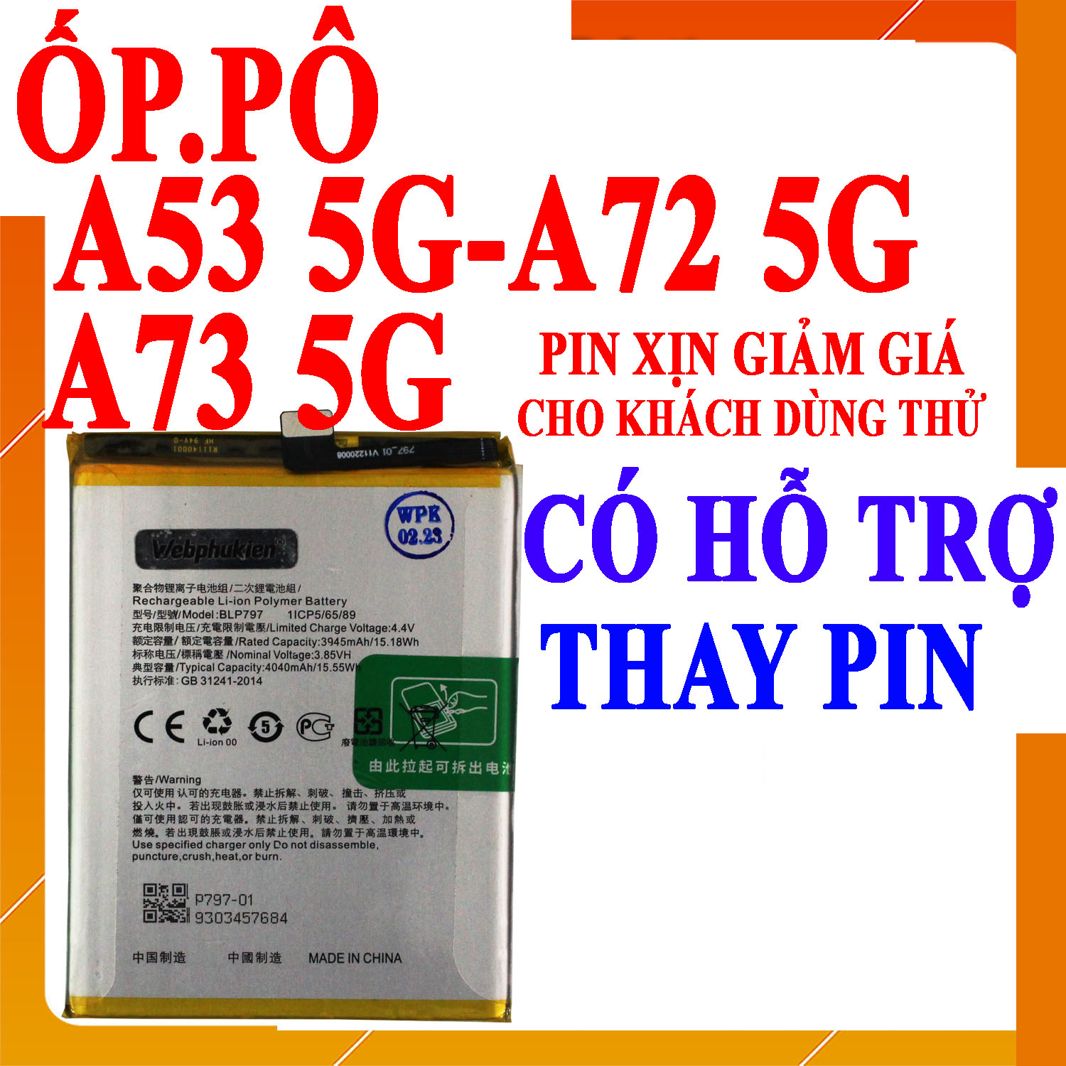 Pin Scud cho Oppo A53 5G/A72 5G/A73 5G BLP797 4040mAh