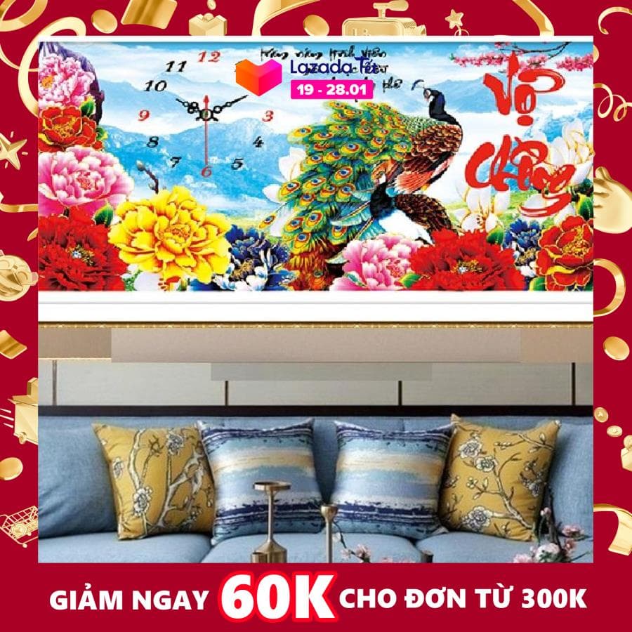 Tranh đính đá mẫu mới đồng hồ vợ chồng-kt: 72x39