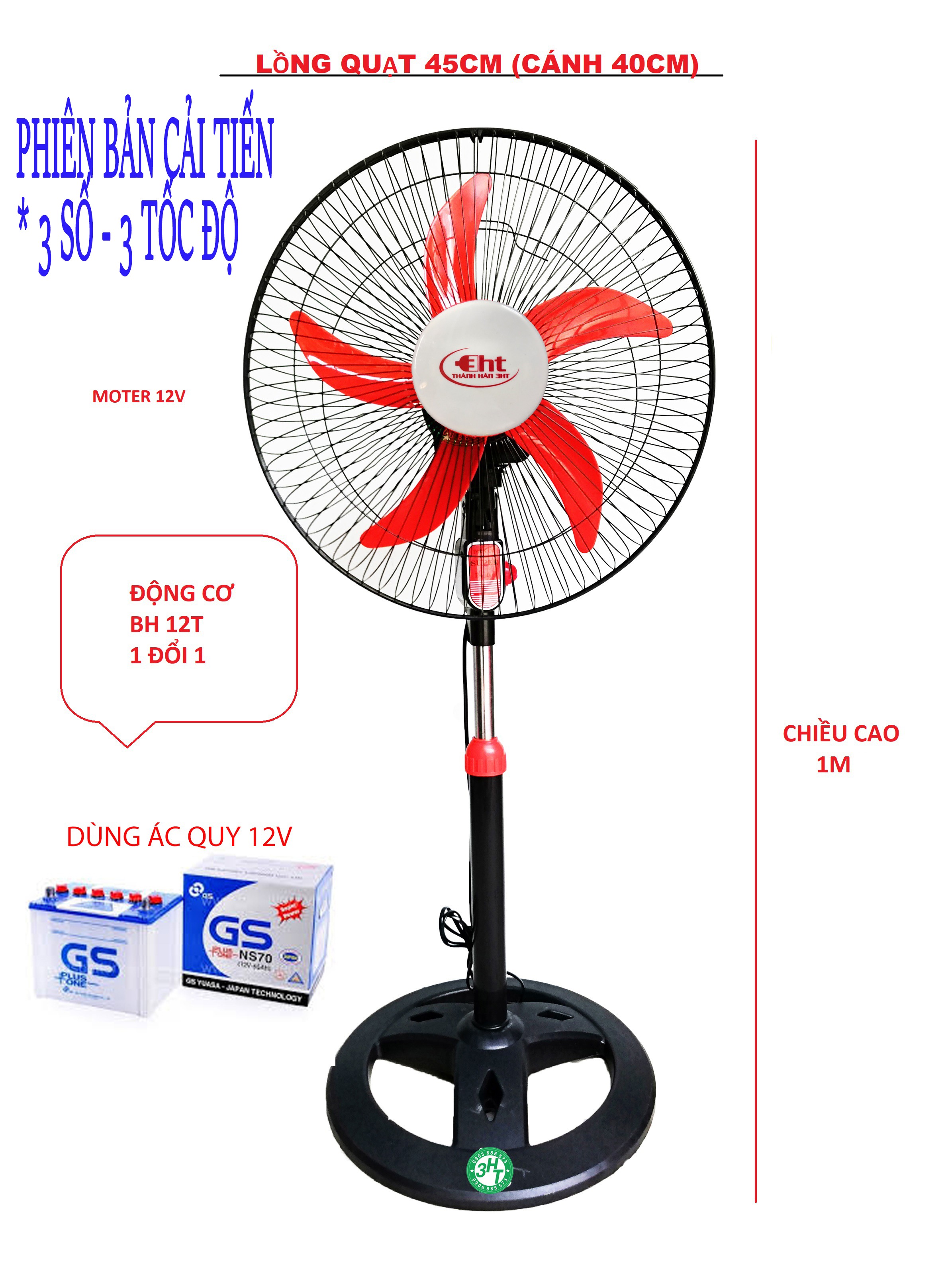 Quạt đứng B4 Chạy bằng Bình 12V / 220V - 3HT