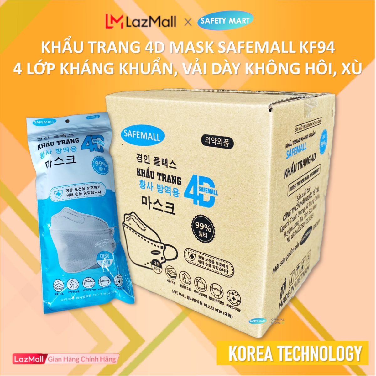 Thùng 300/200 chiếc Khẩu trang y tế 4D KF94 SafeMall Korea Technology, 5 lớp vải kháng khuẩn, kháng bụi mịn lên đến 99%, Khẩu trang dày đẹp loại - Hàng Chính Hãng Safety Mart Official