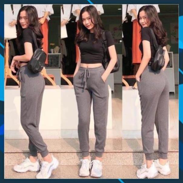 Quần jogger thể thao chất thun gân cạp chun bo gấu cho bạn nữ