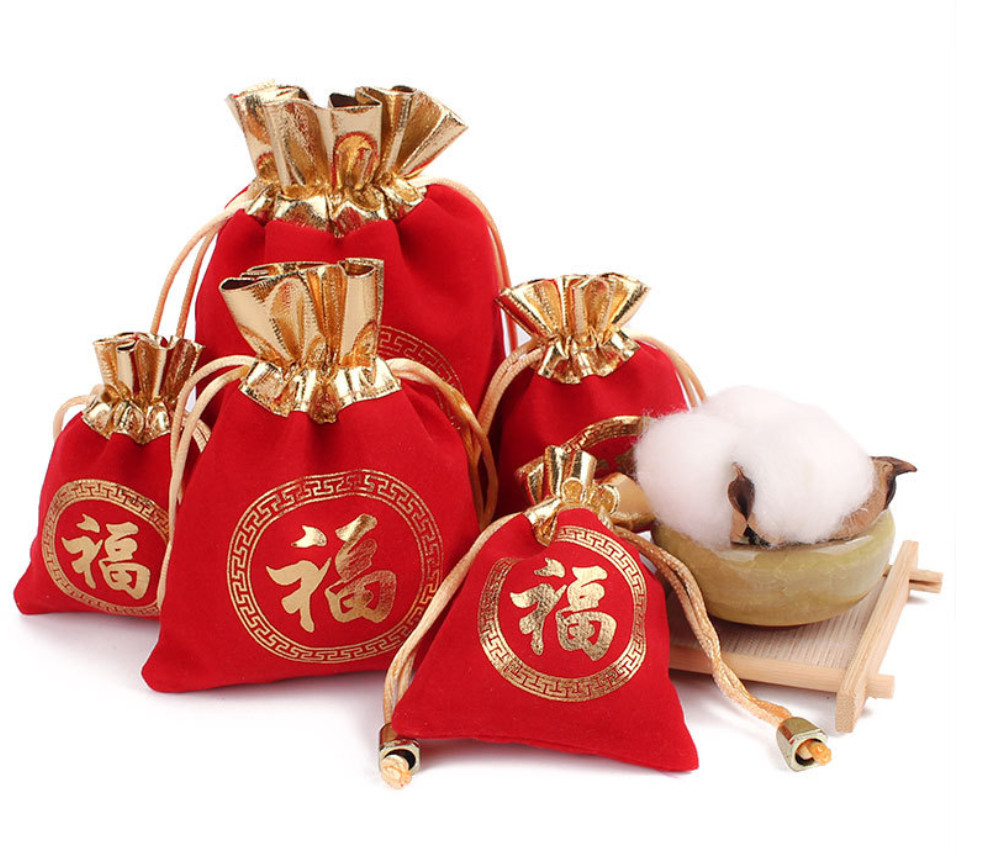 Combo 10 Túi Màu Đỏ Túi Vải Nhung Túi Rút Gấm Nhỏ Túi May Mắn Xâu Hạt Dây Rút Túi Dây Rút Chrysostom Túi Đựng Trang Sức Trang Sức Túi Bao Gói Bán Hàng Trực Tiếp