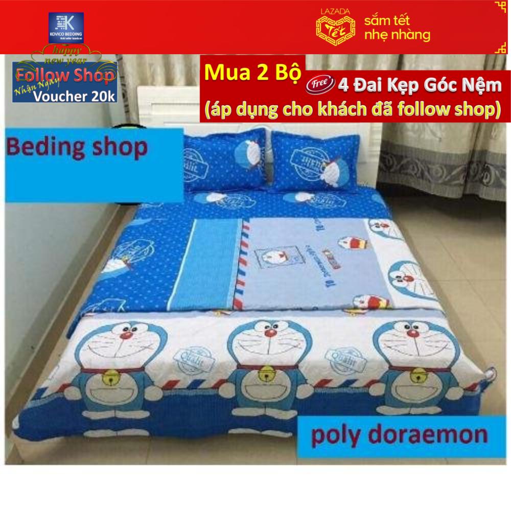 (FreeShip MAX) Bộ chăn ga gối Poly doraemon 1m6x2m
