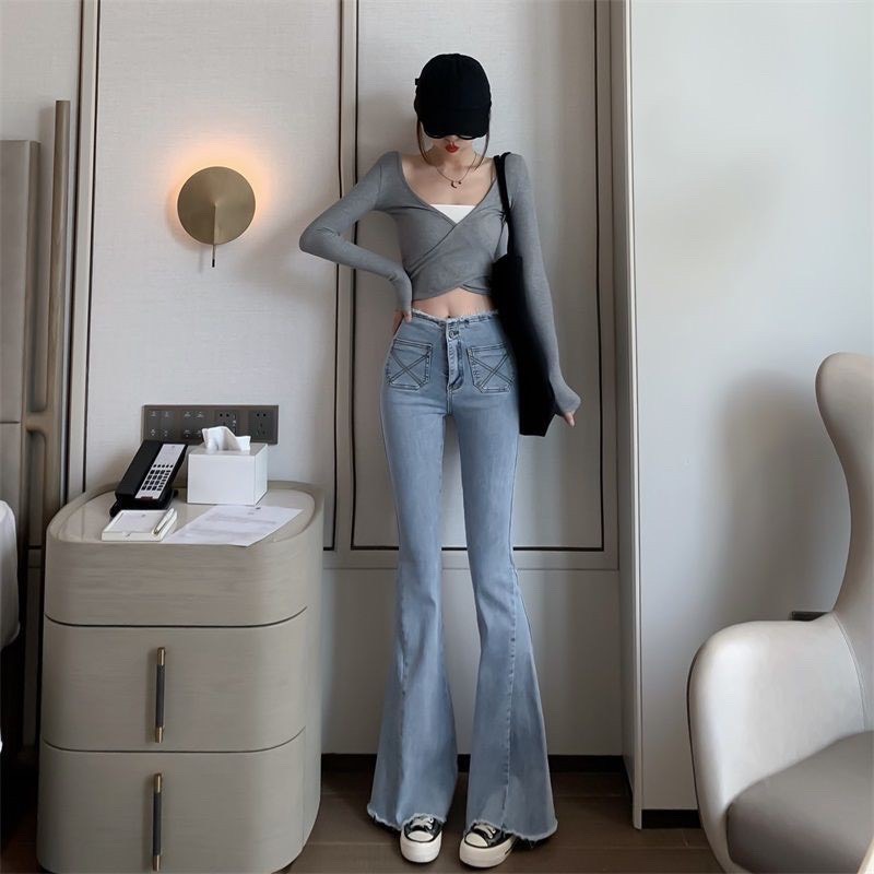 QUẦN JEANS ỐNG LOE LƯNG CAO XANH CÁ TÍNH