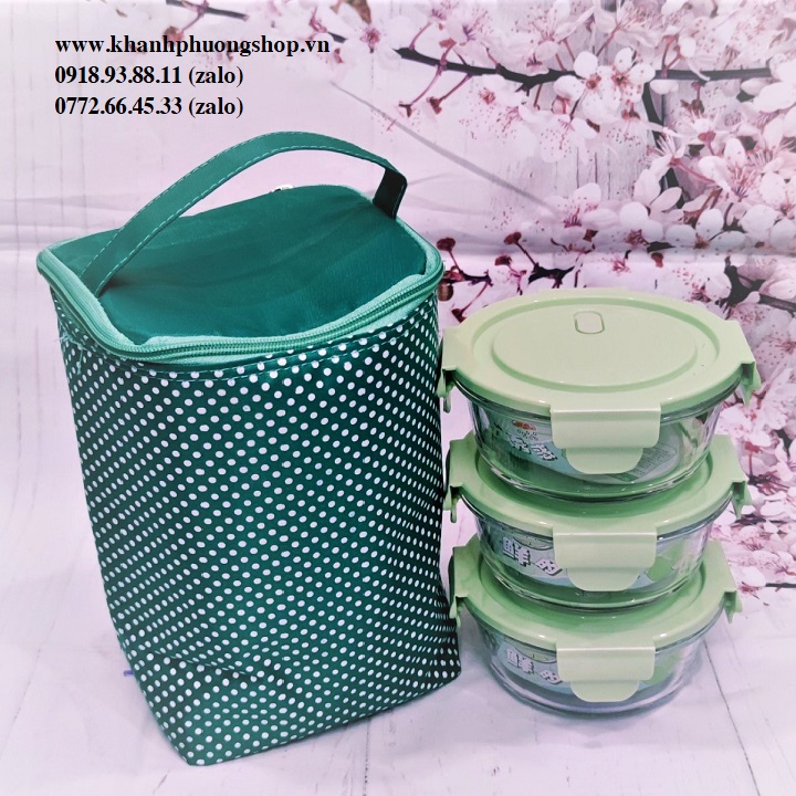 bộ 3 hộp đựng cơm thủy tinh kèm túi giữ nhiệt - bộ 3 hộp đựng cơm