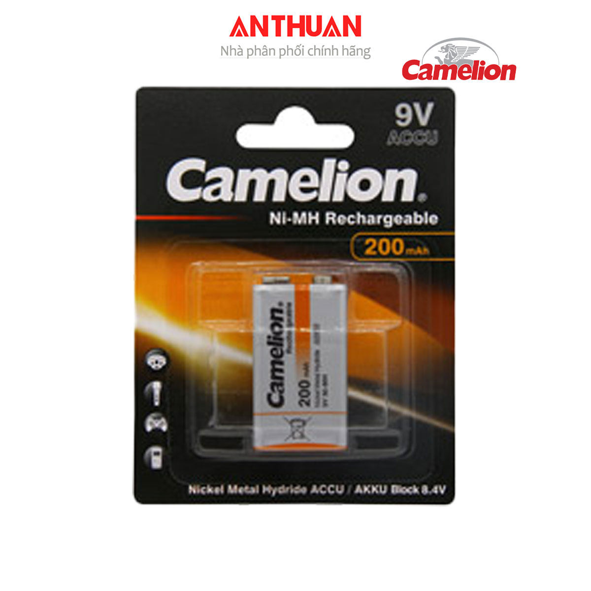 Pin 9v sạc vuông Camelion 200mAh/Pin dành cho micro không dây, đồ chơi, khoá cửa/máy đo điện tử -1vỉ