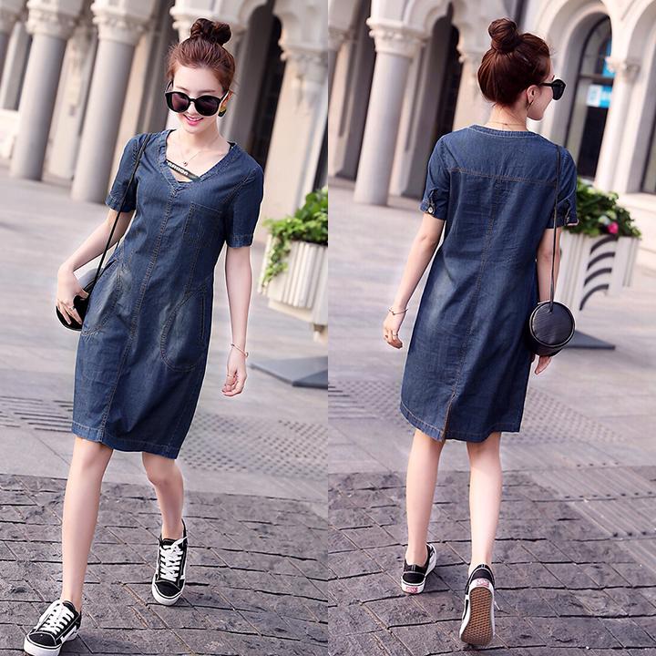Đầm Jean Nữ Ngắn Tay Phối Dây Chéo Ngực