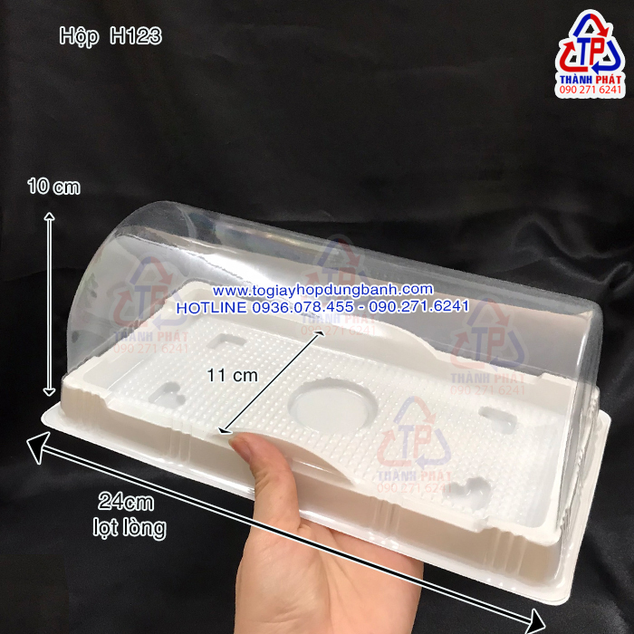 50c Hộp đựng 1 con cá chép rau câu - Hộp H123 đựng bánh bông lan cuộn lớn 24cm - Hộp nắp vòm đựng bánh cuộn H123
