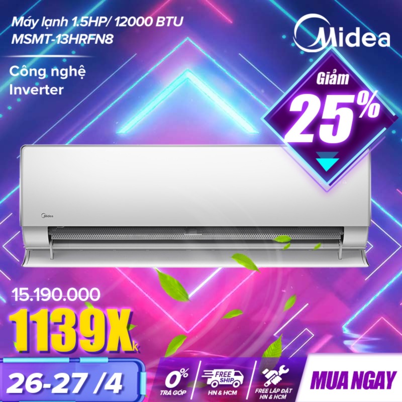 Bảng giá Điều Hòa Nóng Lạnh Hai Chiều Full DC Inverter 1.5 HP Midea MSMT-13HRFN8 (Tự Điều Chỉnh Nhiệt Độ, Tự Làm Sạch, Giảm Ồn, Điều Khiển Bằng Điện Thoại, Có Wifi)- Hàng Phân Phối Chính Hãng Bảo Hành Tại Nhà 3 Năm Toàn Quốc