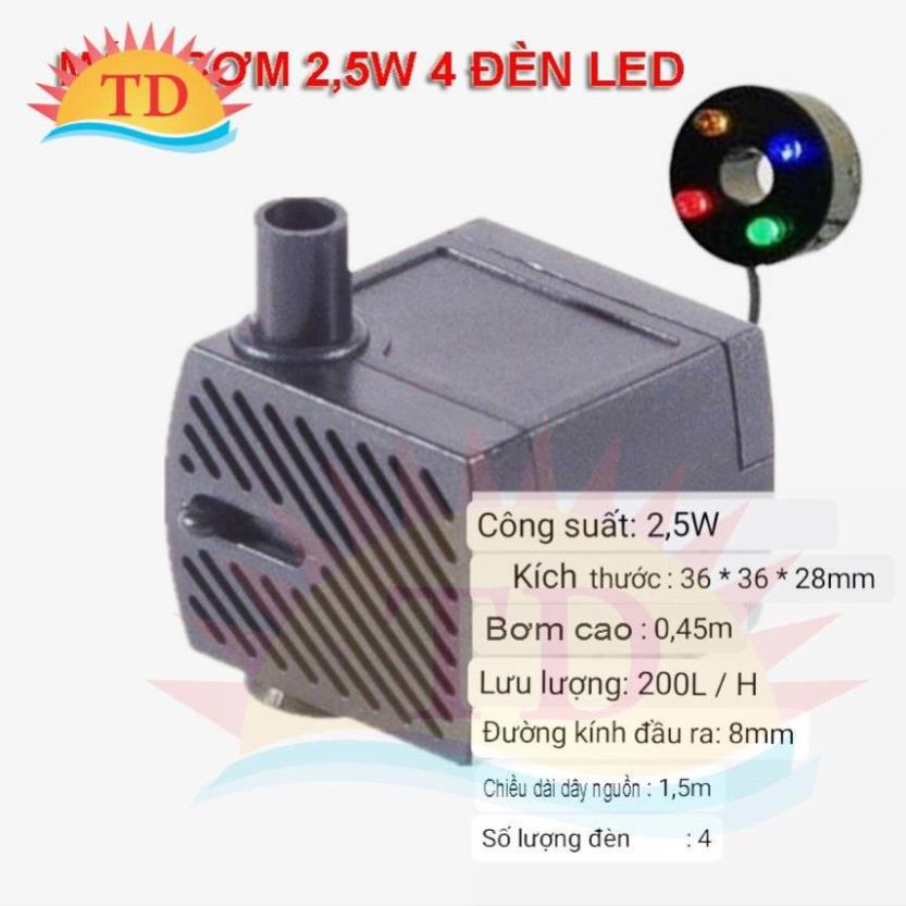 Máy bơm chìm 2,5w kèm 4 bóng led nhiều màu cho thác nước mini, bể cảnh, tiểu cảnh