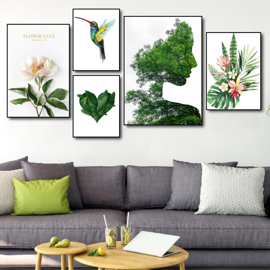Lalashop - Bộ 5 tấm tranh treo tường phòng khách có khung cao cấp LaLaShop Tranh Lá Xanh Mẫu: TG1257 Tranh treo tường 3D hiện đại