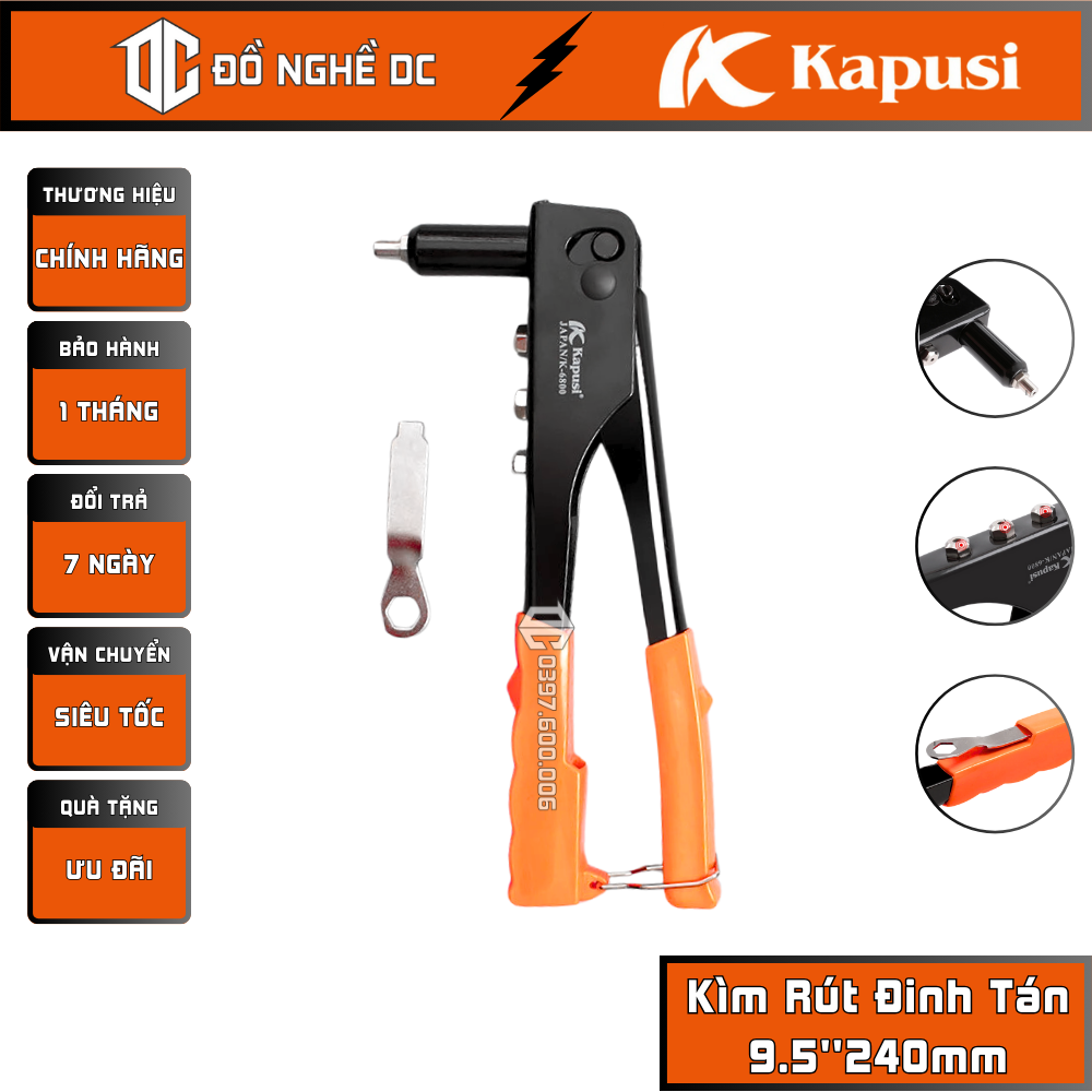 Kìm rút đinh tán, kìm rút rive 4 lỗ cam đen 9.5''240mm k-6800 kapusi nhật bản, thép cao cấp, rút tán đinh rive bằng nhôm