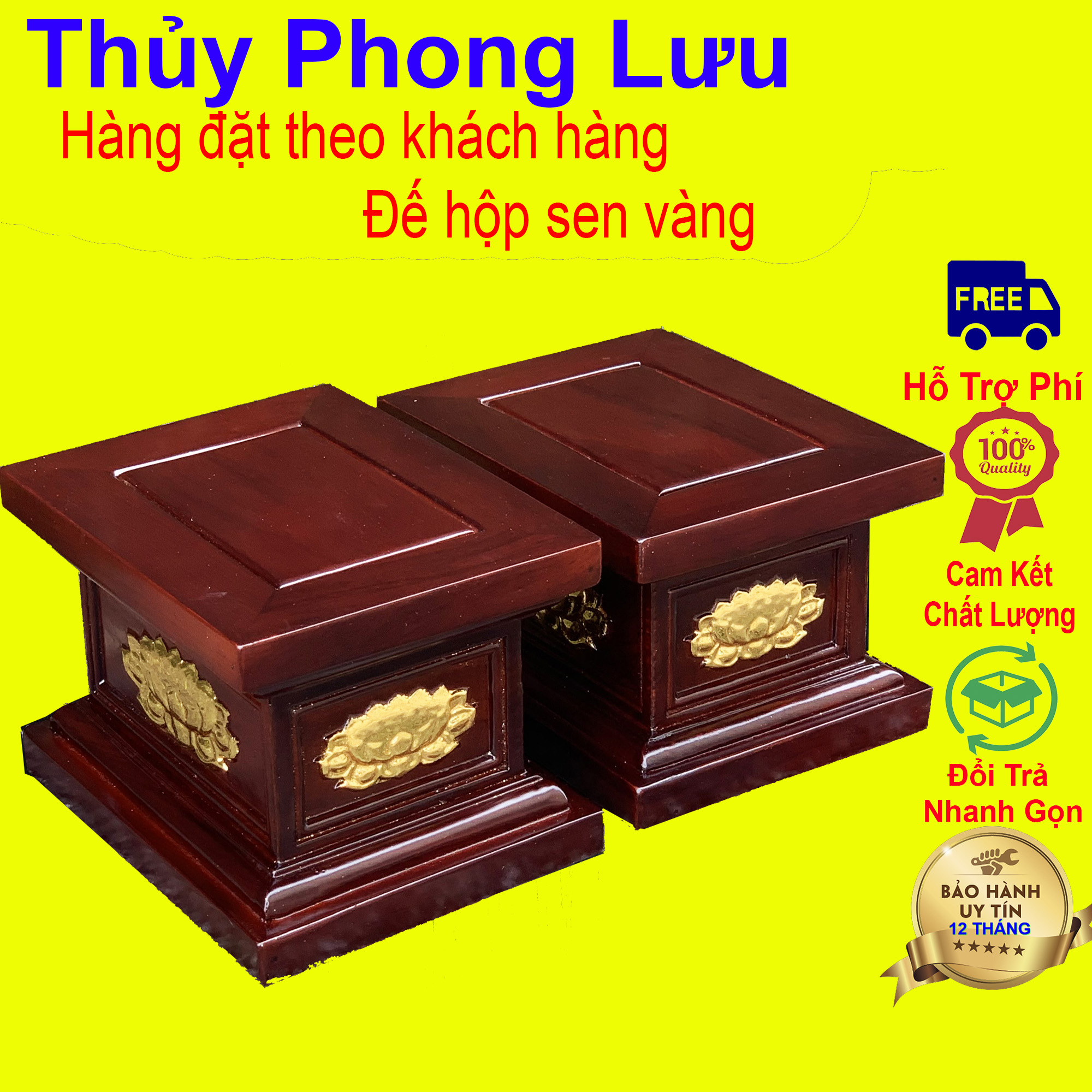 Đế hộp vuông hoa sen rát vàng gỗ hương 22x17 Cao 13cm