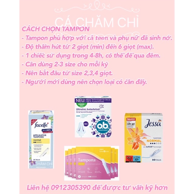 (Bán lẻ tampon) Set 10 chiếc tampons Facelle đủ size date 2026 hàng Đức
