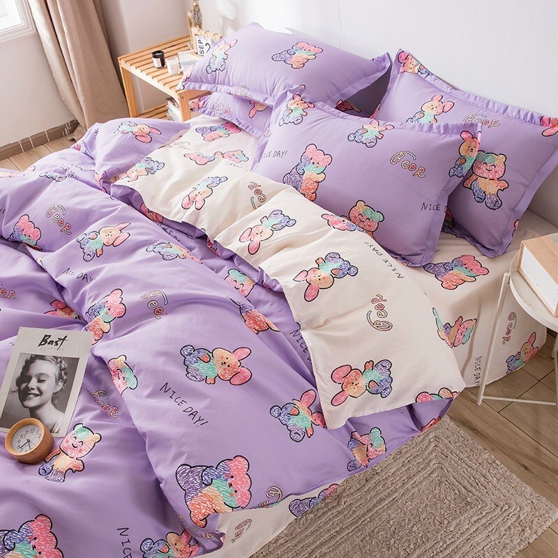 Bộ Chăn Ga Gối Poly Cotton Gấu Tím