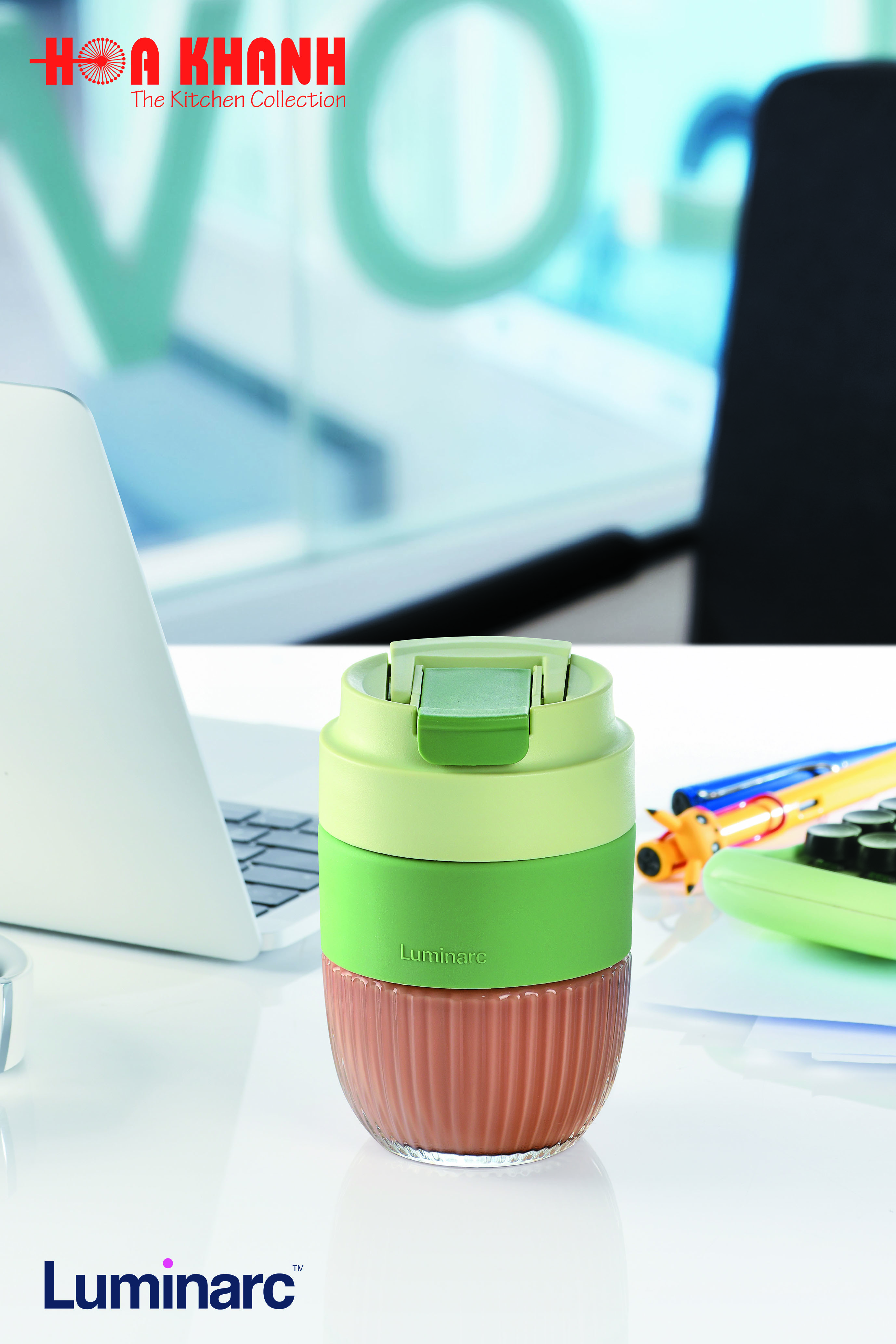 Luminarc Coffee Cup Green 350ML Ly Thủy Tinh Có Nắp