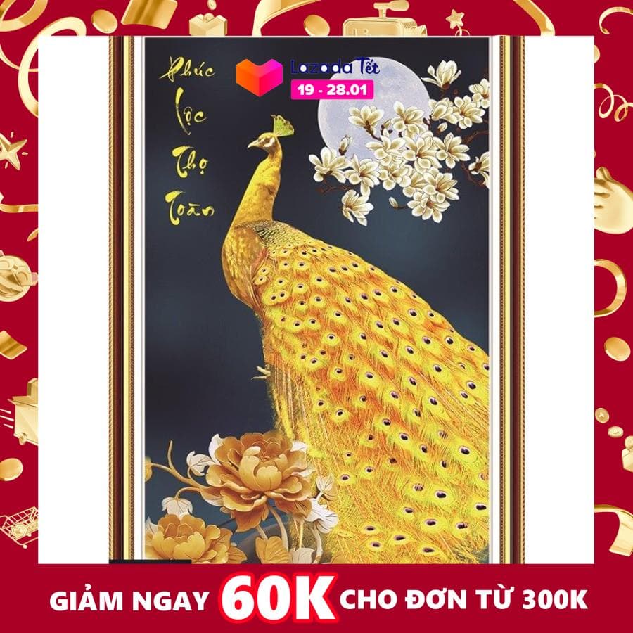 Tranh đính đá chim công vàng Phúc Lộc Thọ Toàn Trọn ven mọi thứ phúc đức tài lộc và tuổi thọ Kt:76cmx50cm